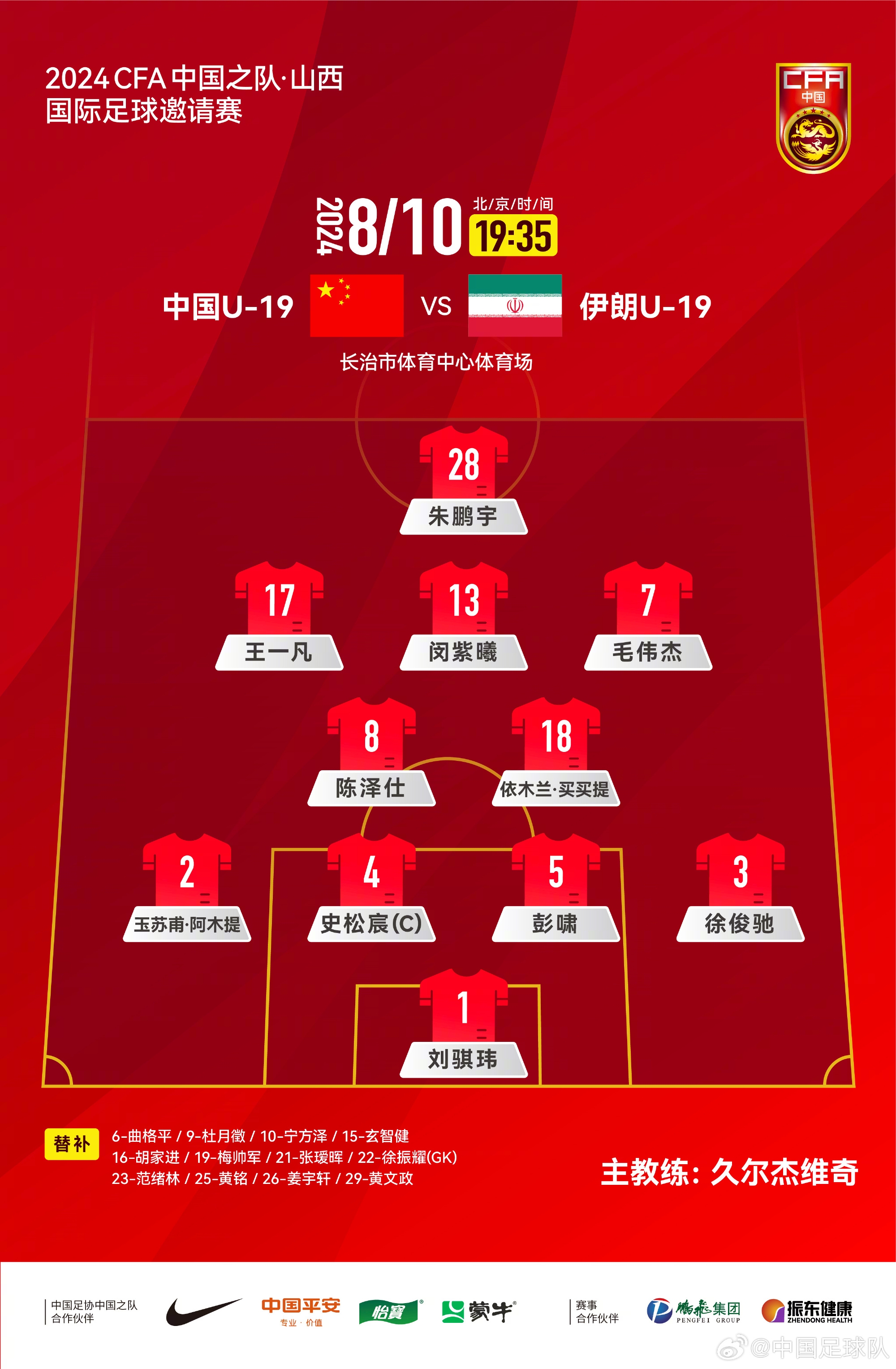 中國(guó)U-19 vs伊朗U-19，中國(guó)隊(duì)首發(fā)名單出爐！