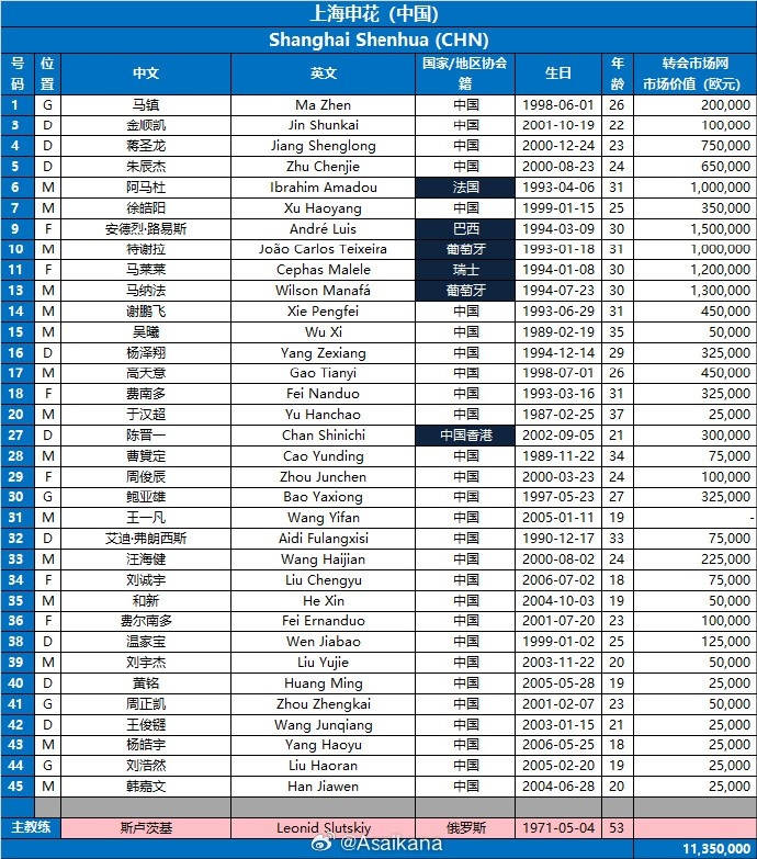上海申花隊(duì)亞冠精英聯(lián)賽報(bào)名名單